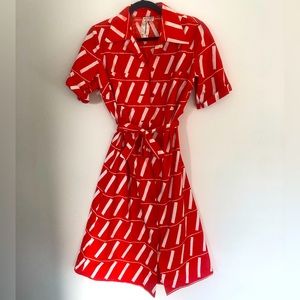 Vintage Marimekko red and white patterned dress with waist tie Size 8